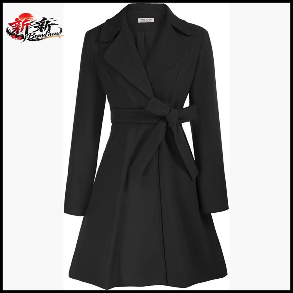 Wool-Like Fabric A-Line Peacoat Dress Coat Belted Notch Lapel Overcoat